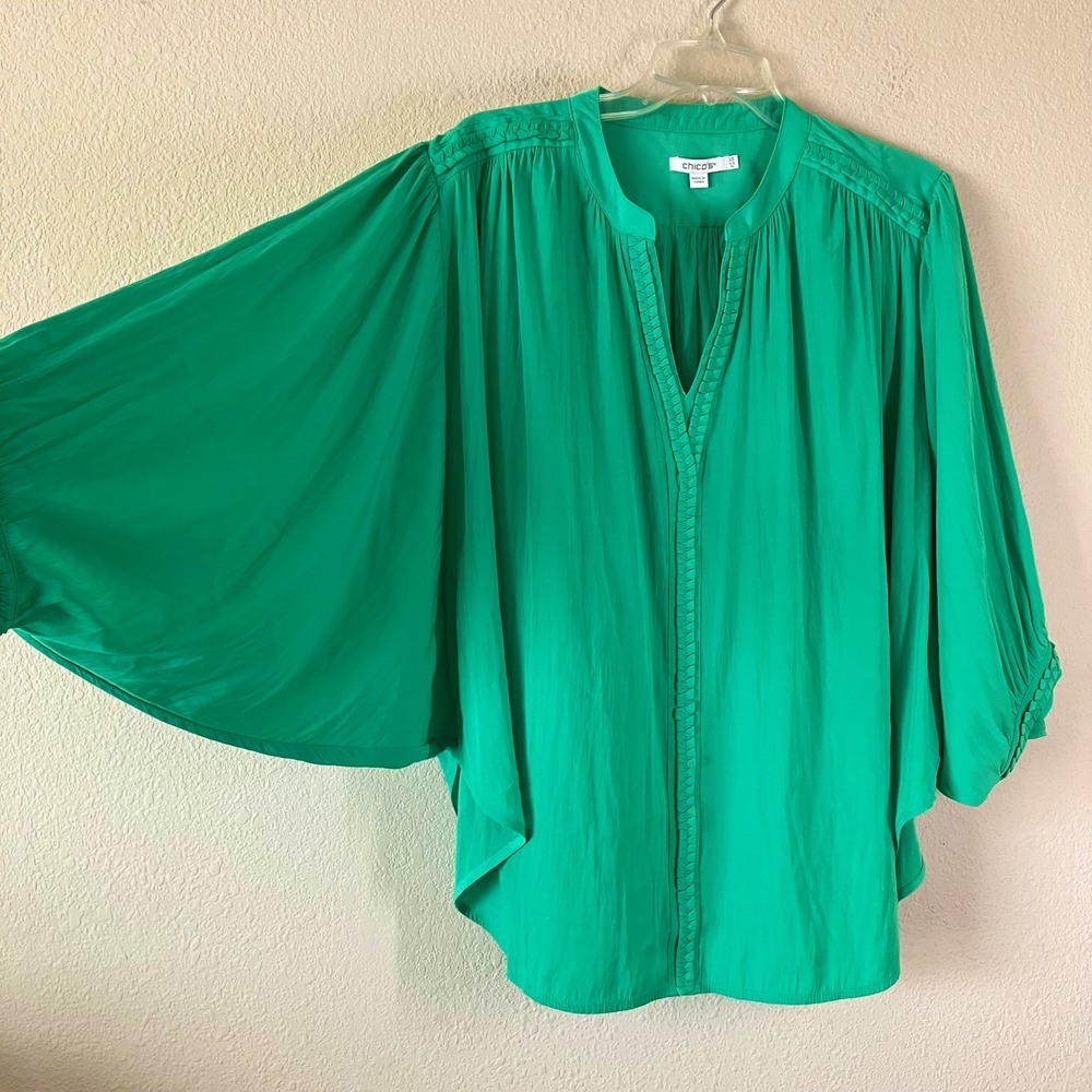 CHICO'S Braided Batwing Blouse Size 14 Boho Chic V-Neck Drape Top Green